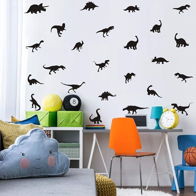 TOARTI 37 Pcs Dinosaur Wall Stickers, Black Dinosaur Footprint Wall Decals for Kids Boys Room, Jungle Animal Wall Art Stickers for Children Nursery Baby Bedroom Living Room Decoration