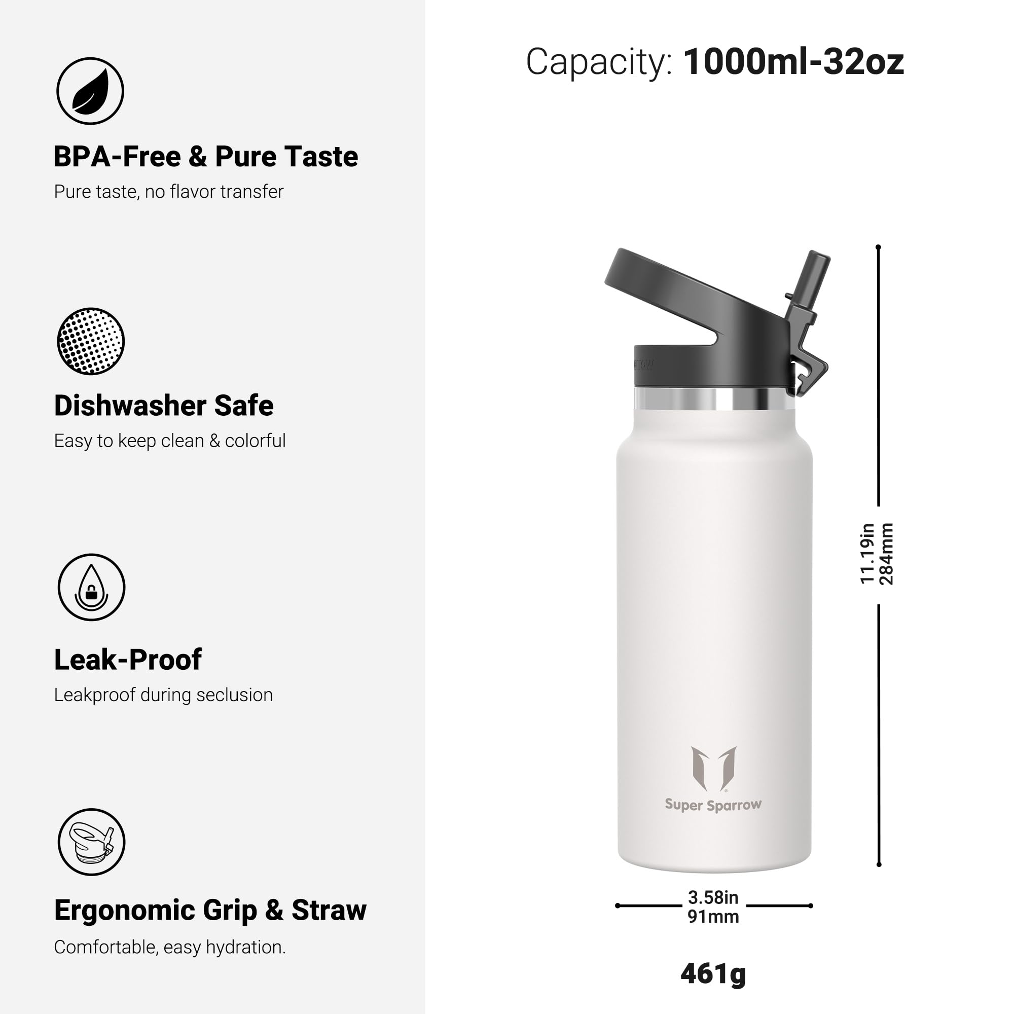 Super Sparrow Borraccia Termica - 500ml, 750ml, 1000ml, 1.2L, 1.5L- SwivelSip Inox Bottiglia - Senza BPA Borracce Termiche, Borraccia Ergonomica per Bambini, Sportiva, Bici, Campeggio, Palestra