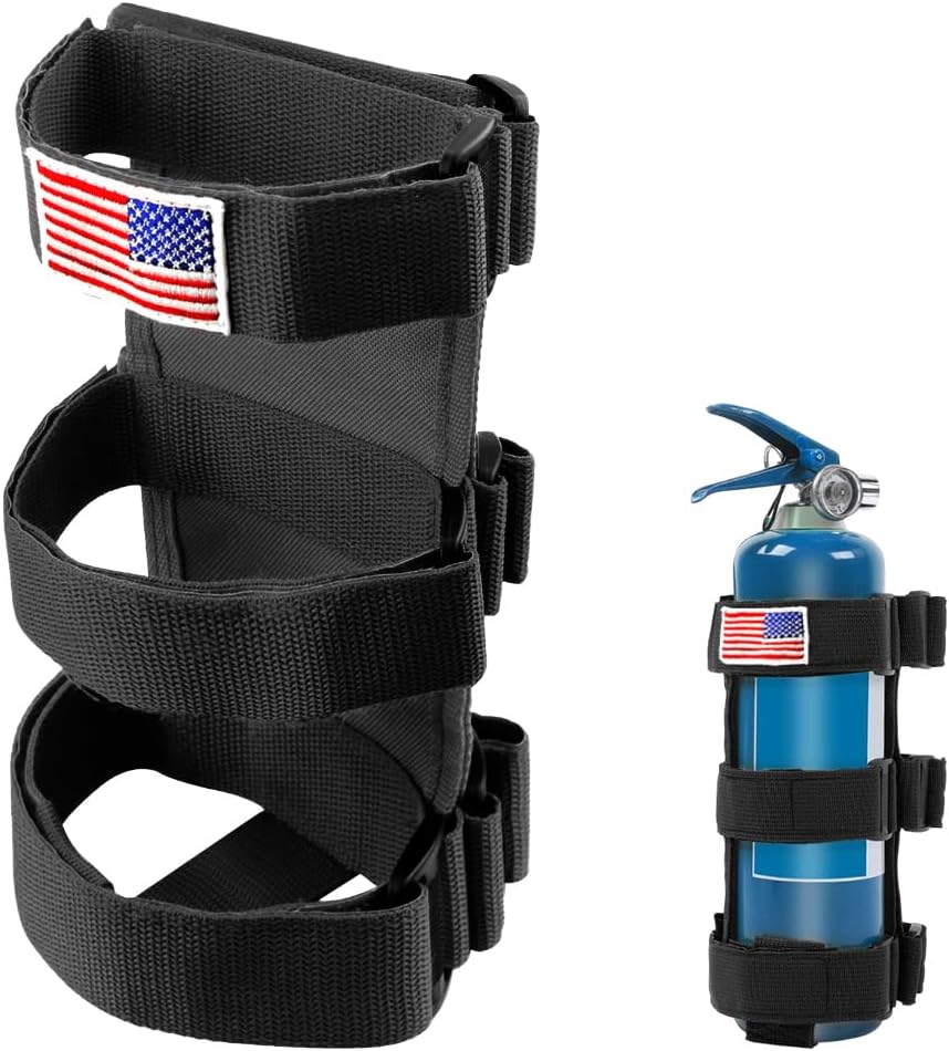 Fire Extinguisher Holder, Roll Bar Adjustable Extinguisher Strap Brackets with USA Flag Pattern, Secure Fire Extinguishers Mount Replacement for Wrangler CJ JK JKU TJ JL JLU (Red)