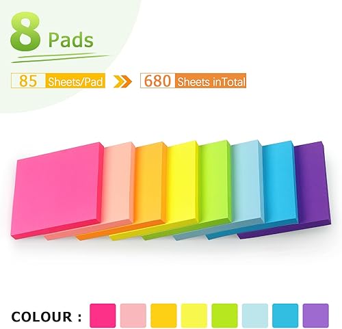 Miniatura 3 de Notas adhesivas de 3 x 3 pulgadas, colores brillantes, autoadhesivas, 8 blocs por paquete, 85 hojasbloc, total de 680 hojas