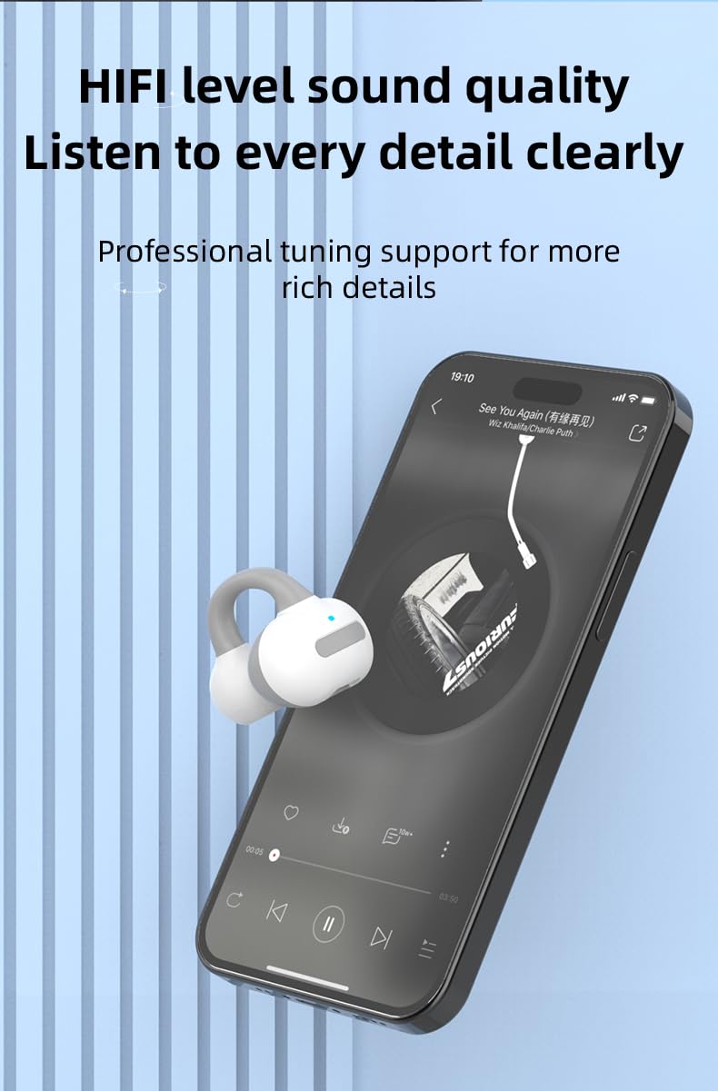 Oreillette Bluetooth V5.2 sans Fil - 70 mAh, 15H Lecture, 10H Communication, Micro Intégré, Clip Oreille Ouvert, Charge USB-C en 2H, Légère