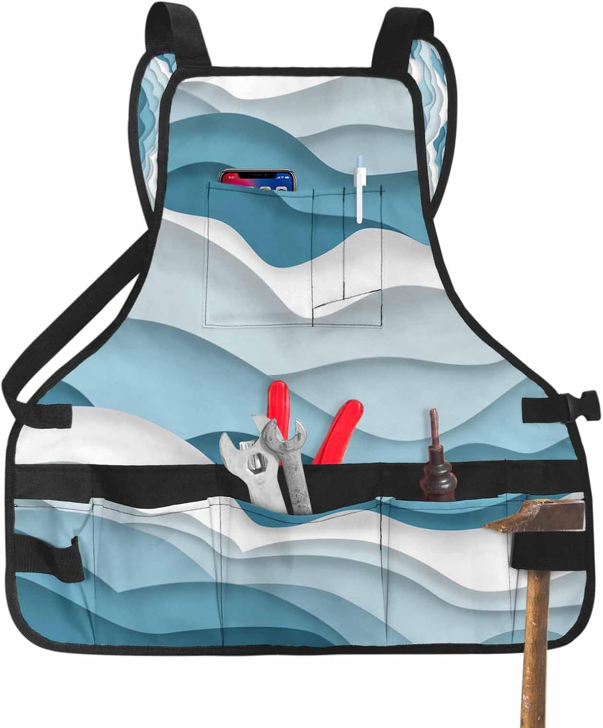 Work Apron for Men Adjustable Woodworking Apron 16 Pockets Oxford Apron Ocean Wave Texture Gradient Light Blue Tool Apron