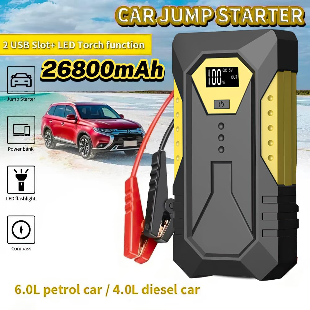 Booster Batterie Voiture 26800mAh 800A, Jump Starter Portable, Demarreur Batterie Voiture (Jusqu'à 6.0L Essence Ou 5.0L Gazole), avec Pinces De SûReté Intelligentes Lampe à LED