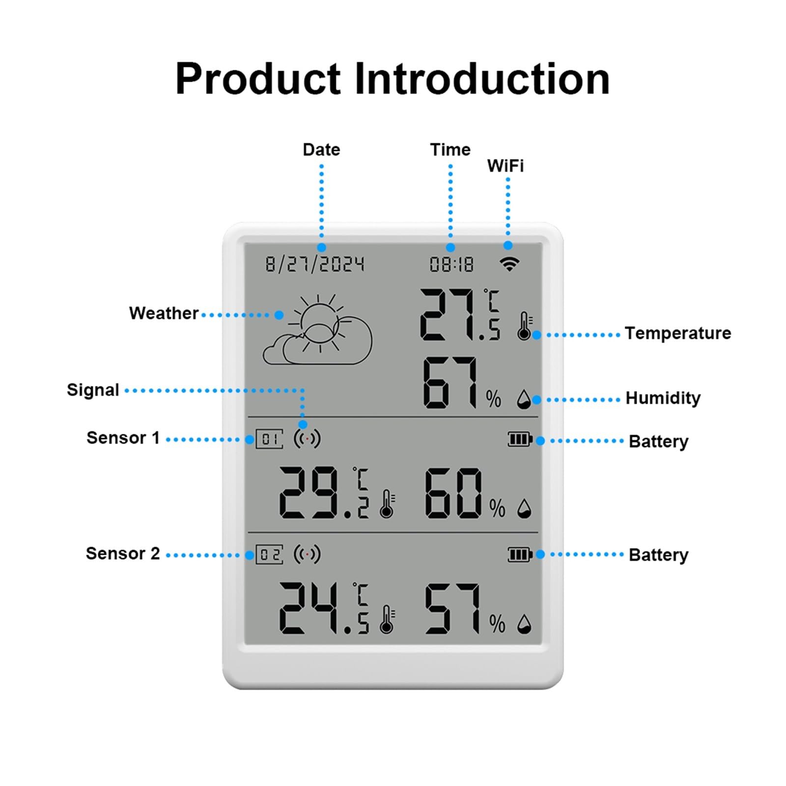 Stacje pogodowe, Bezprzewodowa stacja pogodowa Cyfrowy termometr pokojowy Wewnętrzny zewnętrzny higrometr WIFI Temperatura(With 8 Sensors)