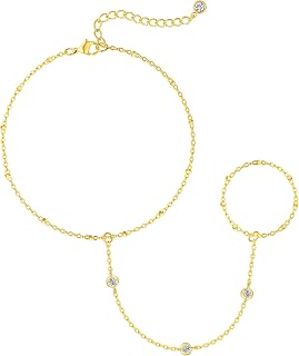 Dainty 14K Gold/Silver Plated Hand Chain Bracelets for Women - Trendy Adjustable Ring Charm Cuff Bangle Stackable Jewelry 7"+2"