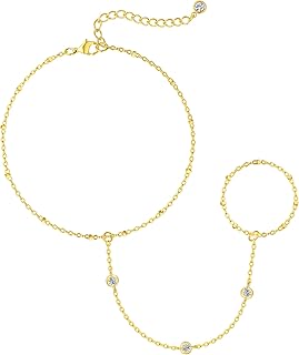 Bracelets for Women,14K Gold/Silver Plated Dainty Hand Chain Bracelets Trendy Ring Bracelet Charm Gold Cuff Bangle Stackable Bracelets Jewelry Adjustable 7"+2"