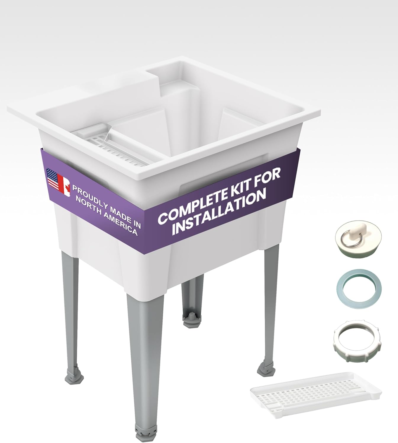 Standing Utility Sink with Steel Legs – 24” Space Saver Utility Sinks for Laundry Room, Garage, Garden, Basement – Noah William Home Indoor and Outdoor Basement Wash Tub (WHITE)