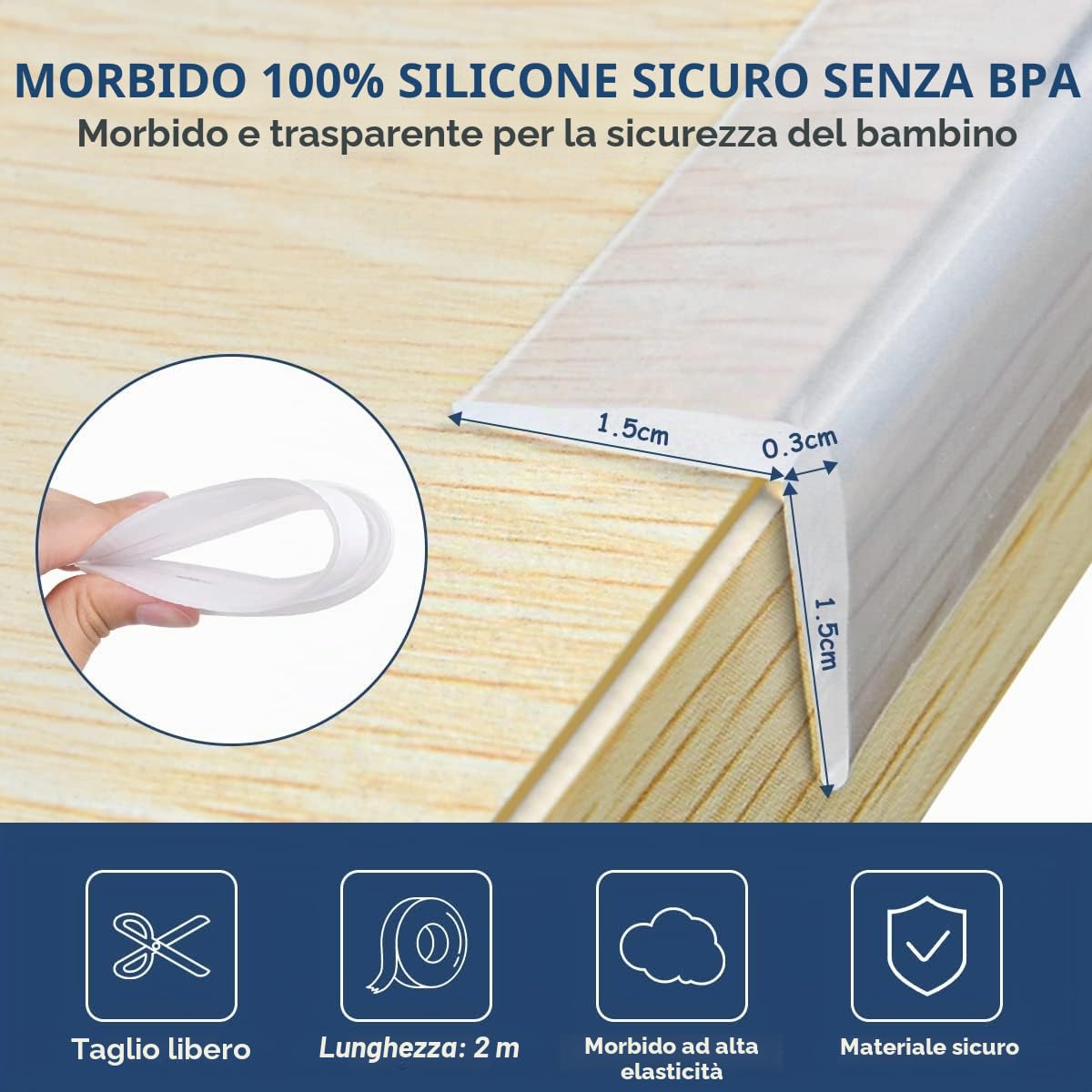 Vicloon Protezioni per Bordi, 2M Striscia Paraspigolo Spigolo Anti Collisione in Silicone Senza BPA, Trasparente e Extra Spesso Bordi Protezione, Paraspigoli Bambini per Tavoli, Armadi e Mobili