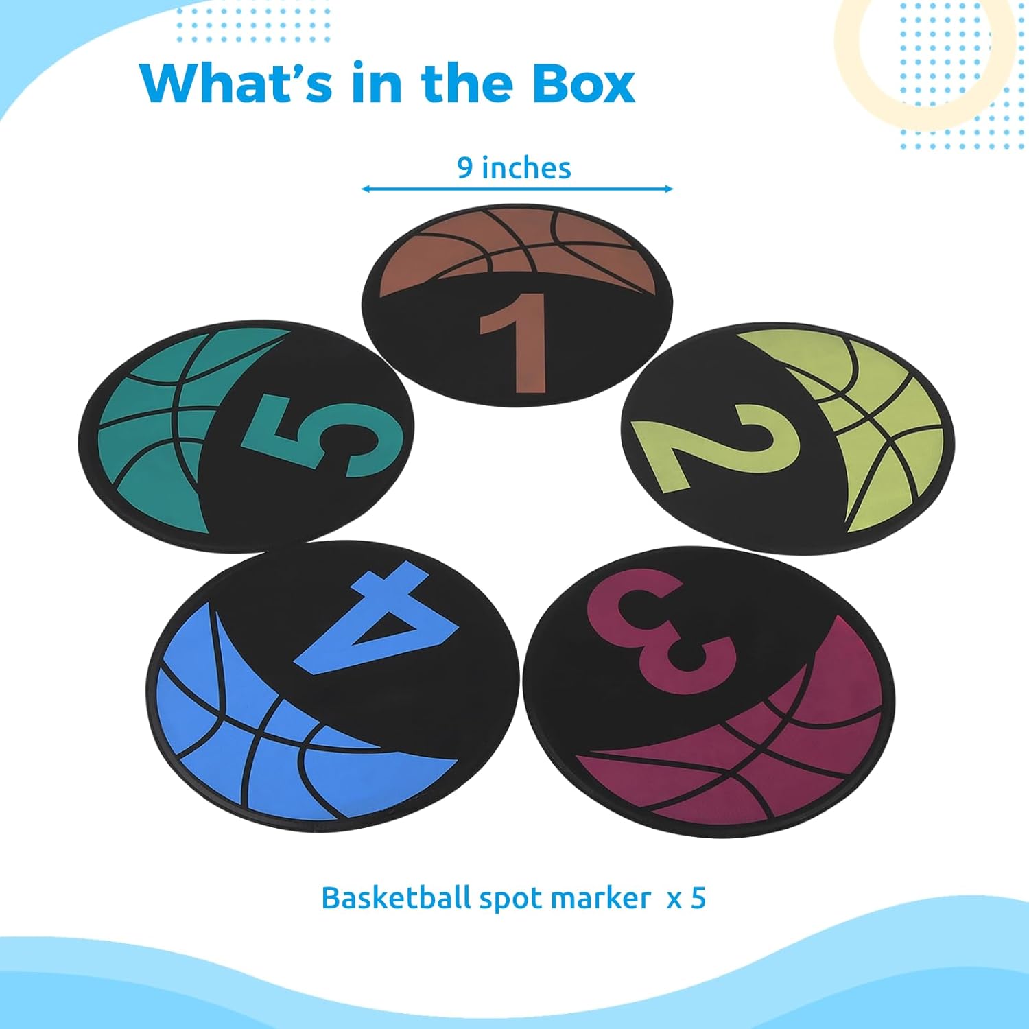 10 PCS Basketball Spot Markers, Multi-Colored Anti-Slip Sports Training Markers, 9 Inches Basketball Training Markers, Round Flat Floor Markers with Number Dots for Teaching & Training