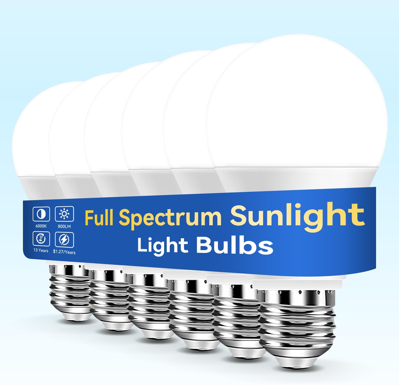 Neporal Full Spectrum Light Bulb, 6000K UV-Free Daylight Sunlight Light Bulbs, 9W (60W Equivalent) LED CRI 90, Flicker-Free, 30,000 Hrs Lifespan, E26/E27 Natural Light Bulb for Home & Office - 6PK