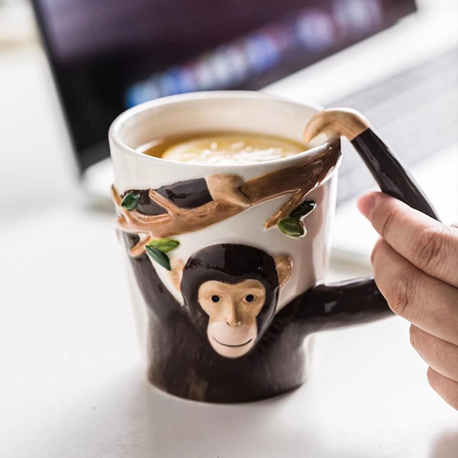 bssmmai Grappige Aap Koffiekop, 3D-Motief Aap Keramiek Beker, Gepersonaliseerde Aap Kop met Aap Arm Handvat, Grappig Cadeau voor Familie Vrienden Verjaardagen 310ml