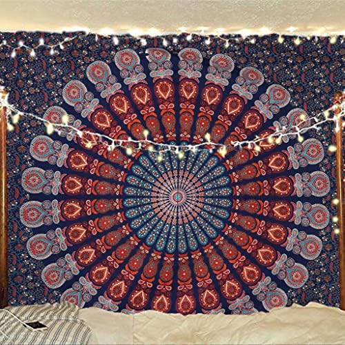 Indian hippie Bohemian Psychedelic Golden Blue Peacock Mandala Wall hanging Bedding Tapestry (Golden Blue White, King (88x104Inches)(225x265Cms))