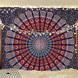 Indian hippie Bohemian Psychedelic Golden Blue Peacock Mandala Wall hanging Bedding Tapestry (Golden