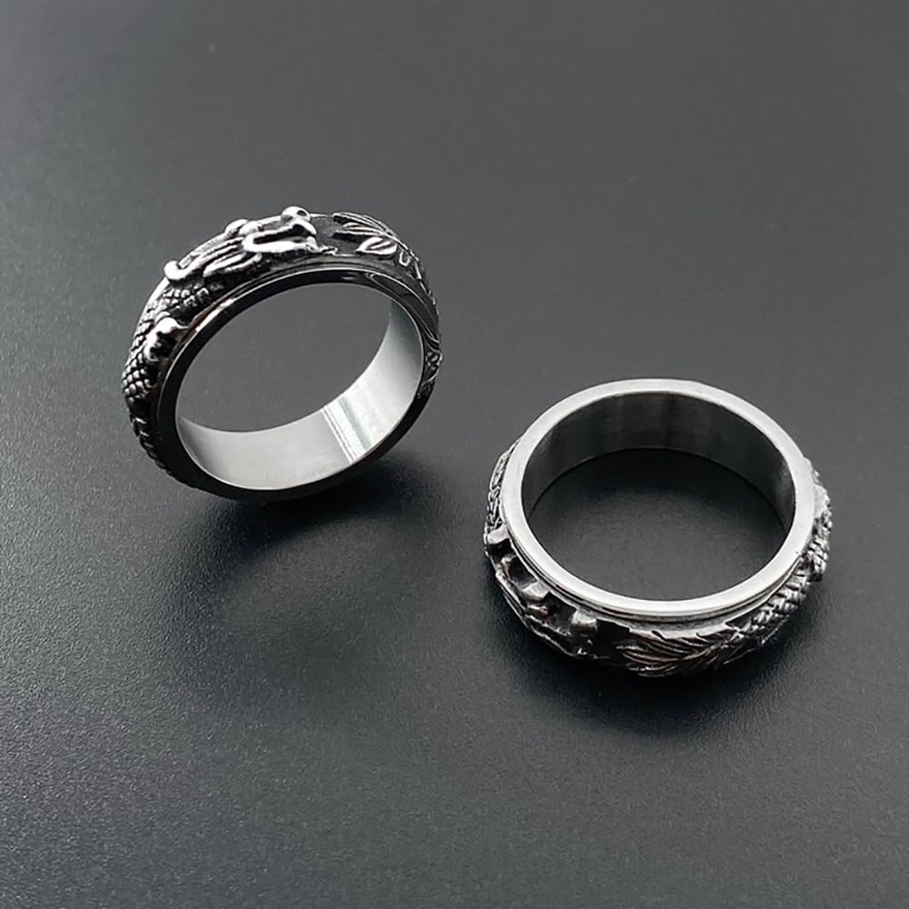 IMINI Drachen-Fidget-Band, drehbar, Edelstahl, Punk, cooles Tier, Angst, Stressabbau, frei drehbar, Bikerring, Versprechenband für Männer, Jungen, Frauen, Geburtstag, Vintage-Schmuck, Geschenke