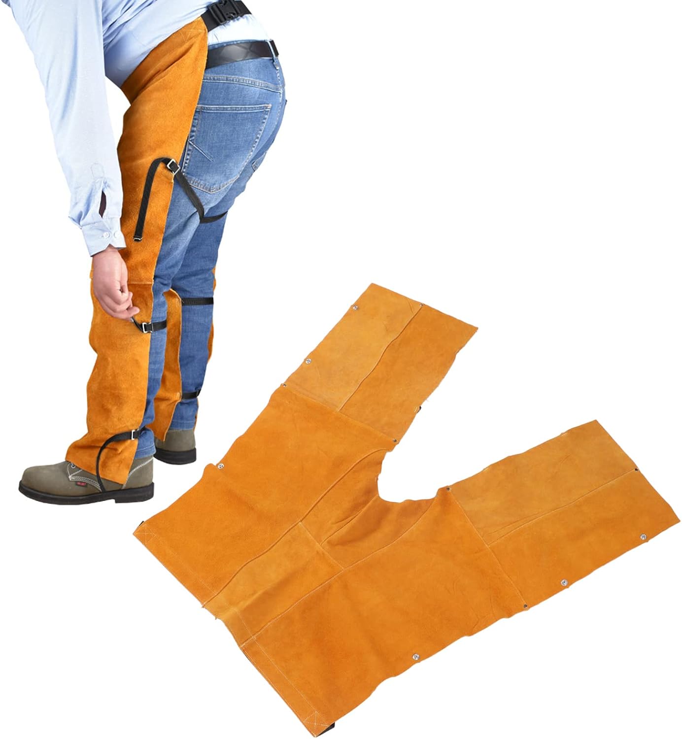 Brilluxa Welding Safety Chaps, Leather Split Leg Welding Apron with Adjustable Straps, Protective Work Chaps for MIG TIG ARC Welding, Flame Resistant Shop Apron, Yellow