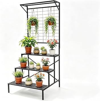 Zhongma 3 Tier Large Heavy Duty Plant Stand with Hanging Plant pot shelf, 35.43 x 33.27 x 78.74, Tall multi layer Plant Holder for Home, Garden, Each Tier 35.43 L x 10.5W, Easy to Hold Large Plant