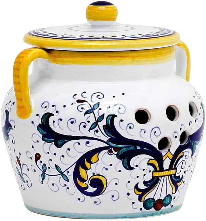 RICCO DERUTA CLASSICO: Garlic/Onion Jar Keeper with handles - Handpainted in Italy. Shipped from the USA with Certificate of Authenticity.