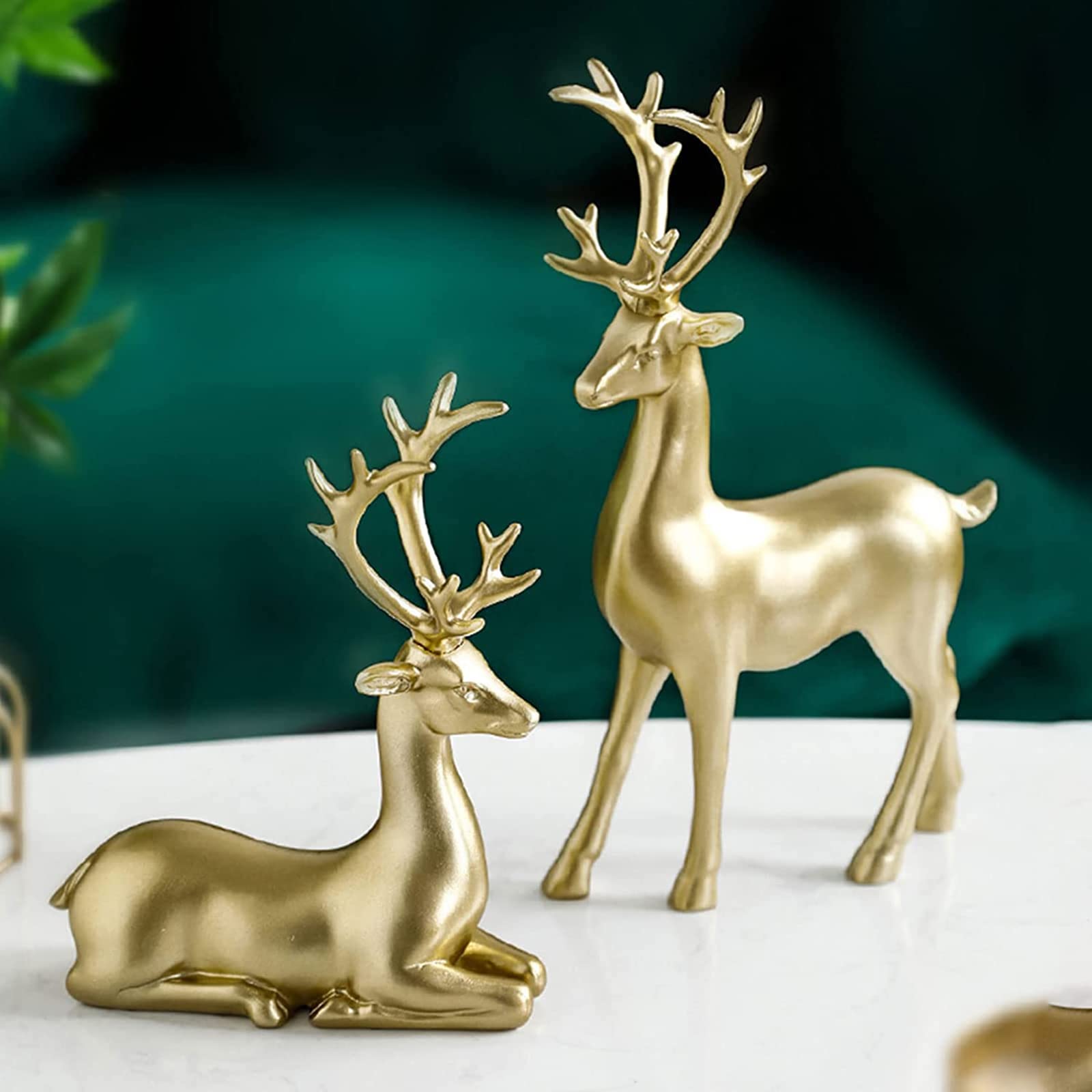 BZHIB 2 Piezas De Adornos Navideños De Renos, Esculturas De Resina De Renos De Pie Y Sentados, Suministros De Centros De Mesa De Ciervos Navideños, Decoración Navideña Y Festiva para El Hogar