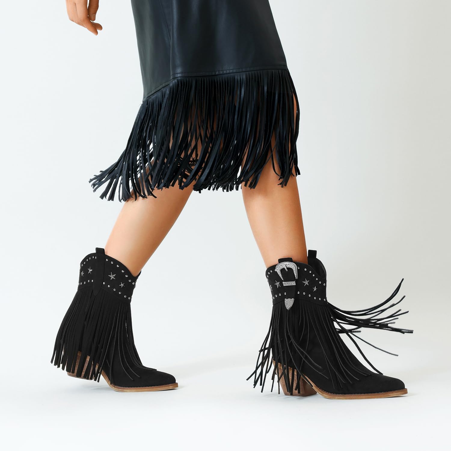 Women Cowgirl Cowboy Boots, Western Ankle Fringe Boots Pointed Toe with Star Studs & Buckle, Retro Suede Short Pull Off Boots with Chunky Heel for Music Festivals & Concerts - Image 6