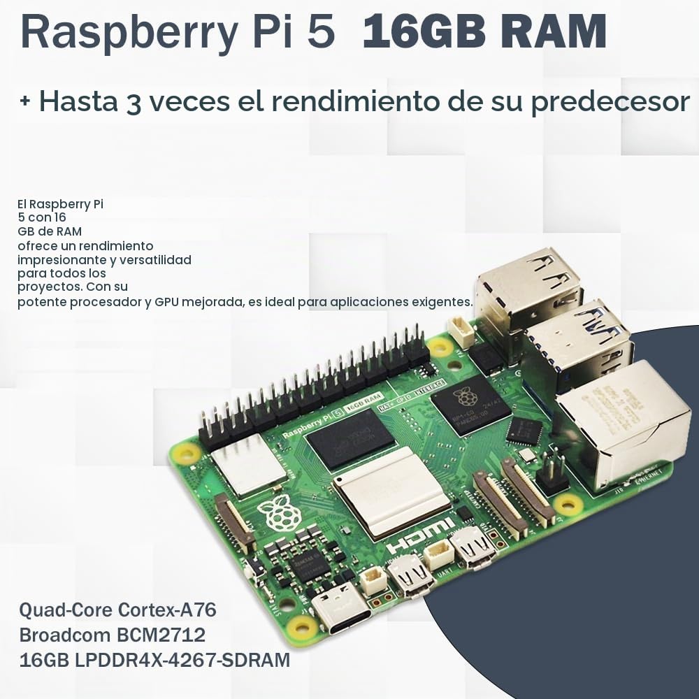 Raspberry Pi 5 16 GB PCIe M.2 NVMe – Kit | Carcasa de metal | Active Cooler | M.2 NVMe SSD PCIe Board | Fuente de alimentación USB-C de 45 W | Tarjeta SD de 64 GB | Cable Micro HDMI 4K | Ideal para