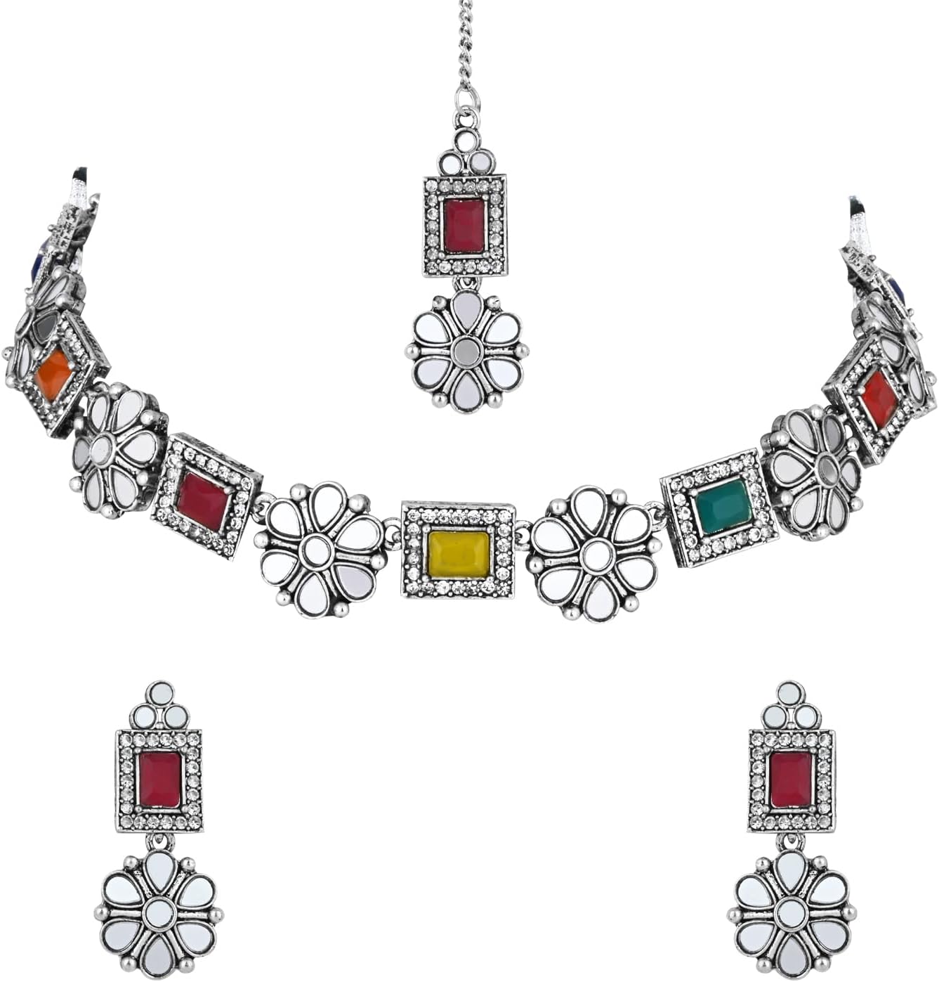 I Jewels Indian Wedding Bollywood Silver Plated Square Shaped Floral Design Necklace Jewellery Set With Earrings (MC201ZMul)