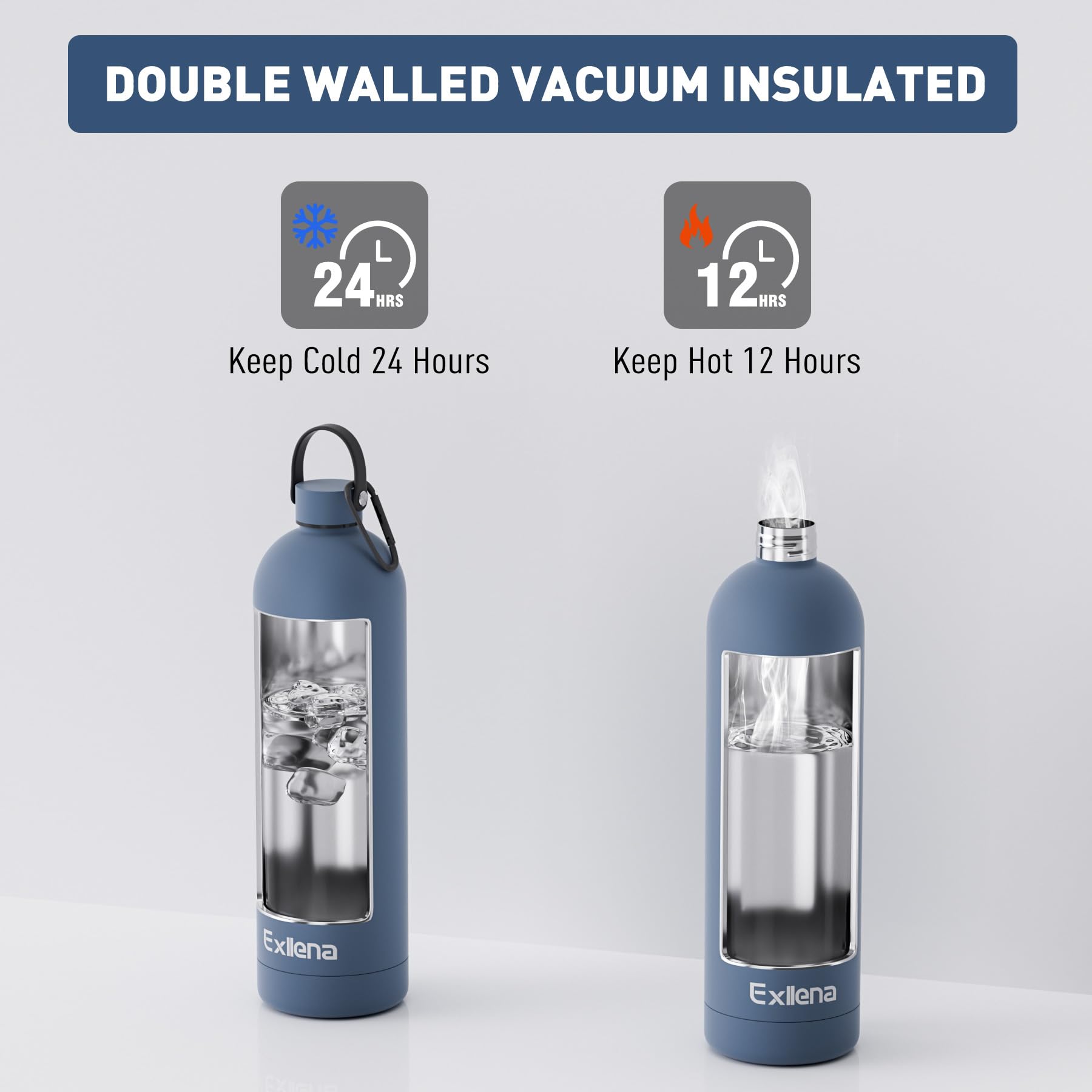 Exllena Borraccia Termica 1,5 Litri con Maniglia e Moschettone -Borraccia 1,5 Litri Mantenere Calore/Freddo - Senza BPA - 100% A Tenuta Stagna per Escursioni, Campeggio, Viaggi, Sport..(Blu Balena)