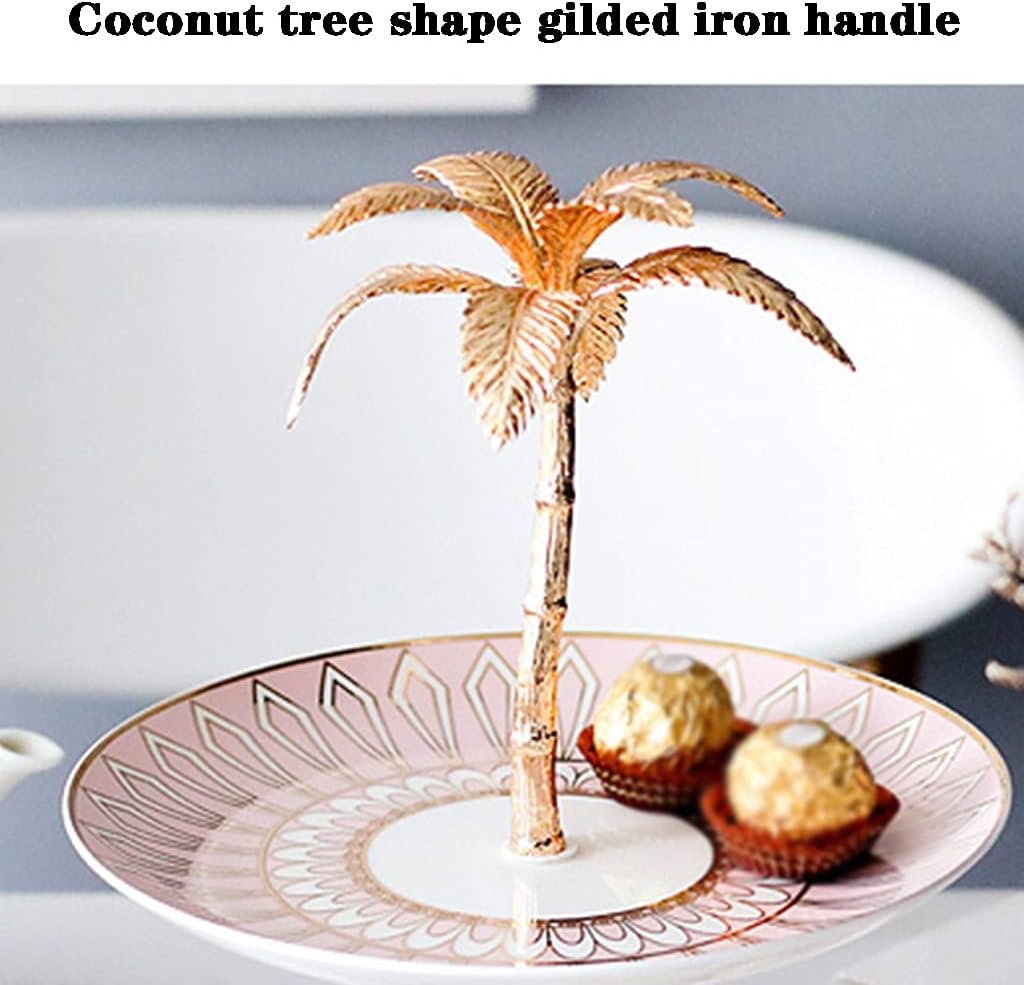 Cupcake Stand Desserts Stand Nordic Simple Double-Layer Candy and Dried Fruit Snack Rack Living Room Ceramic Cake Stand Fruit Plate Stand Coconut Tree Handle (Color : Pink B Size : 2 Layer)