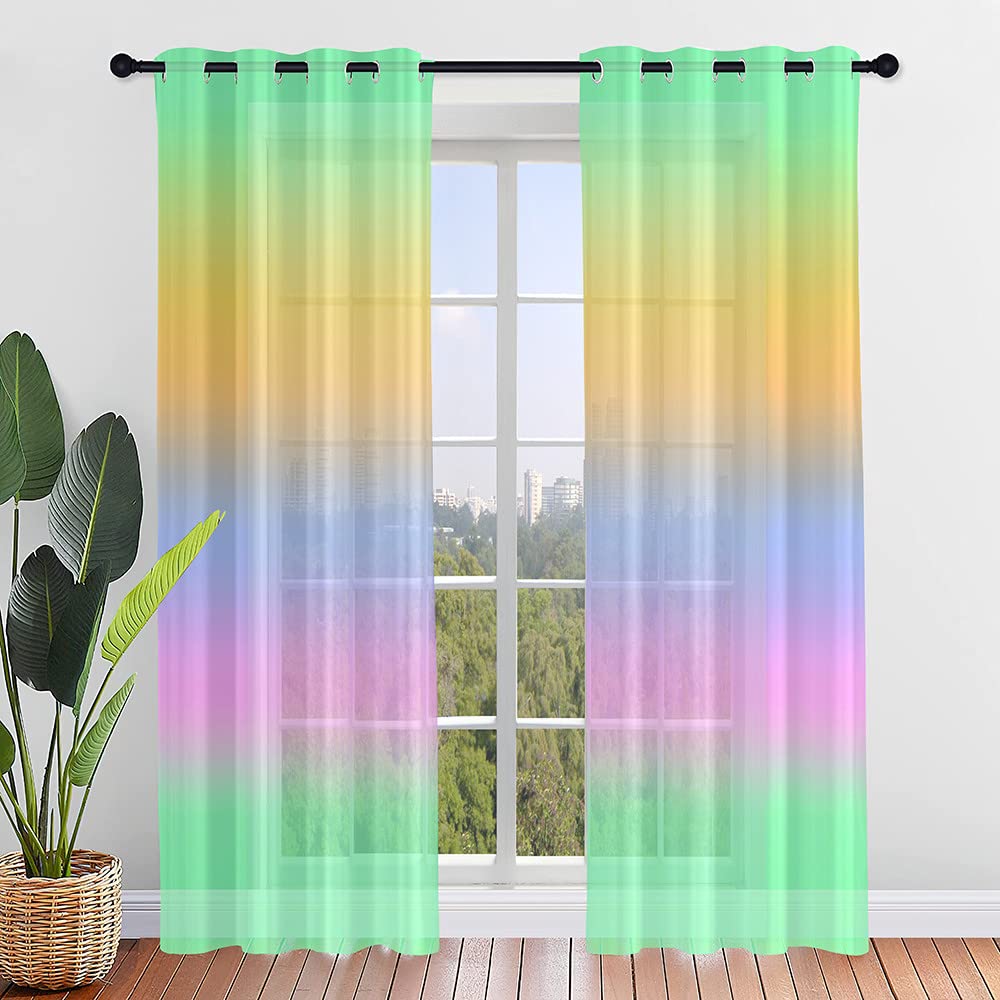 Hiseng Voile Curtains for Bedroom 2 Panels, Sheer Curtains Eyelets Net Translucent Window Screen Gradient Color Tulle Door Drapes for Living Room Home Balcony Decorative (132x213cm,Pink Green)