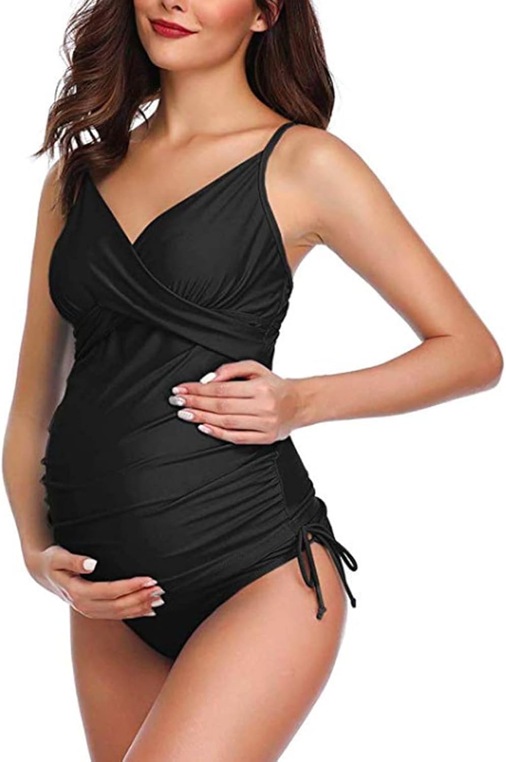 LANGWEI Maternity Swimsuits Two Piece Ruched Tummy Maternity Bikini Set V Neck Pregnancy Swimwear Bathing Suit