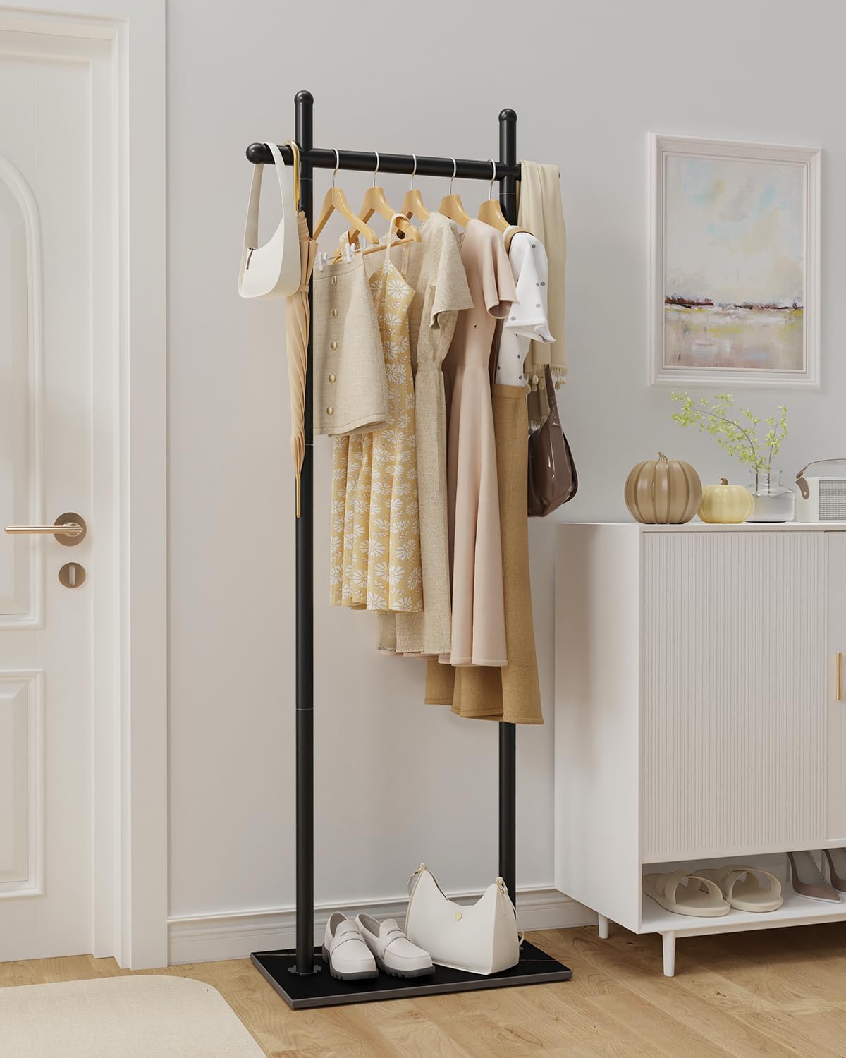 Coat Rack Freestanding with Natural Rock Base, Metal Coat Hanger Stand, Industrial Garment Rack, Clothes Tree for Bedroom Living Room Office To Hang Clothes, Hats, 68.9in, Black