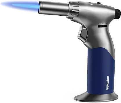 Sondiko DUAL Style Flame Butane Torch Lighter, Premuim Metal Blow Torch | Refillable Blow Torch with Continuous Flame Lock, Adjustable Torch for Creme Brulee, Cooking, BBQ, DIY Gray-Blue
