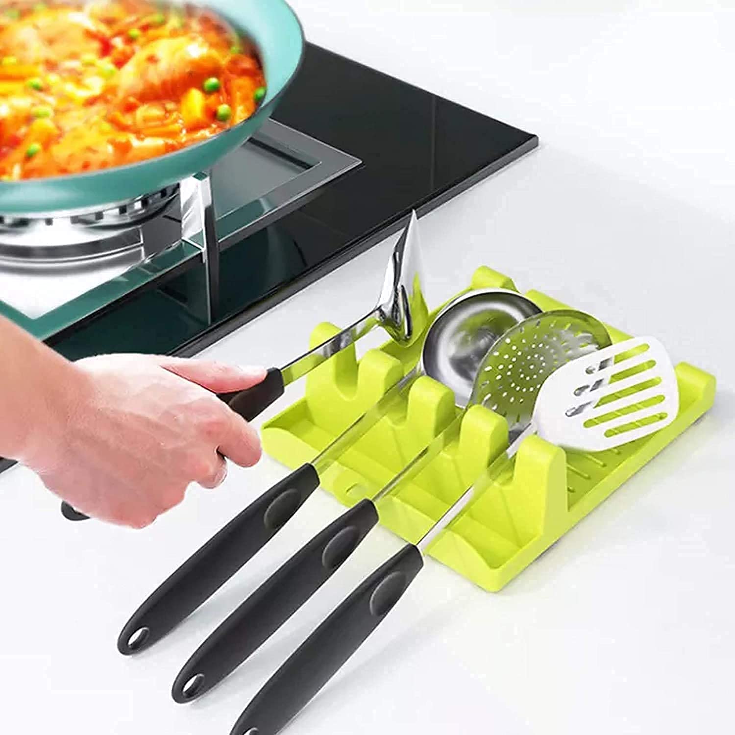 BodkiZone-4 Slots Cooking Utensil Storage Rack Plastic Spoon Rests Mat Stand Heat Resistant Cooking Spatula Holder Tray Kitchen Gadgets