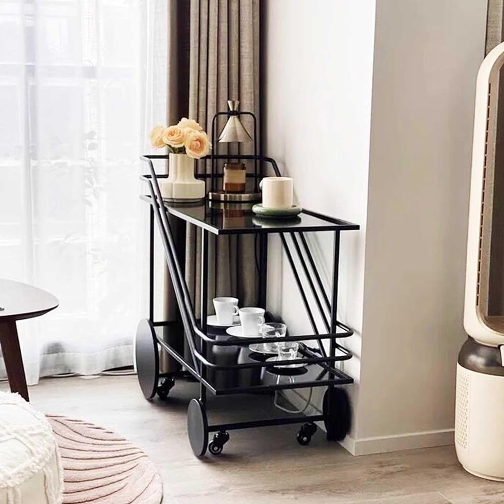 Chariot de service moderne à 2 niveaux en verre et métal avec roulettes – Barre de rangement pour café et vin – Étagère de rangement mobile