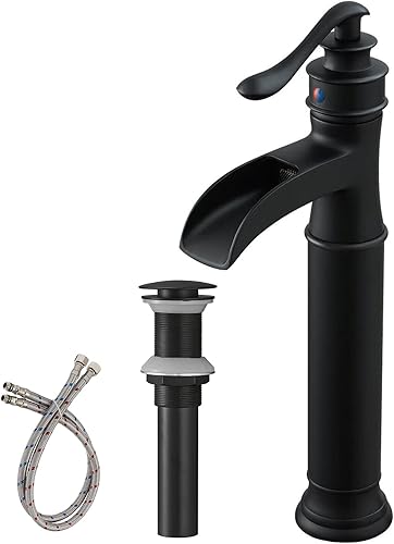 Grifo de lavabo negro para lavabo, cascada, grifos de baño de una sola manija con desagüe emergente, grifo mezclador de lavabo de granja, un agujero