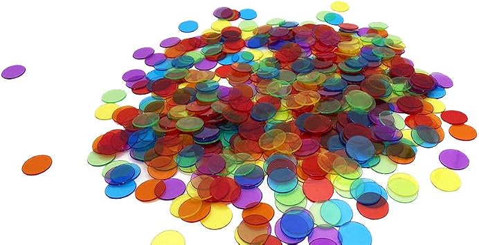 JUNWRROW 500 PCS 3/4 inch Transparent 6 Color Bingo Counting Chips with Bag