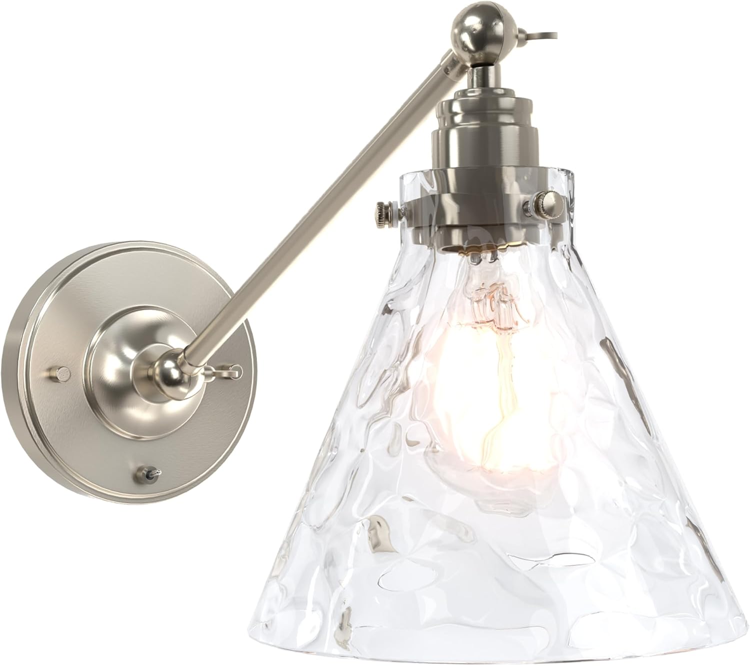 Industrial Vintage Slope Pole Wall Mount Single Sconce with Funnel Flared Clear Glass Shade, Swing Arm Wall Sconce Light Lamp Fixture Hardwired