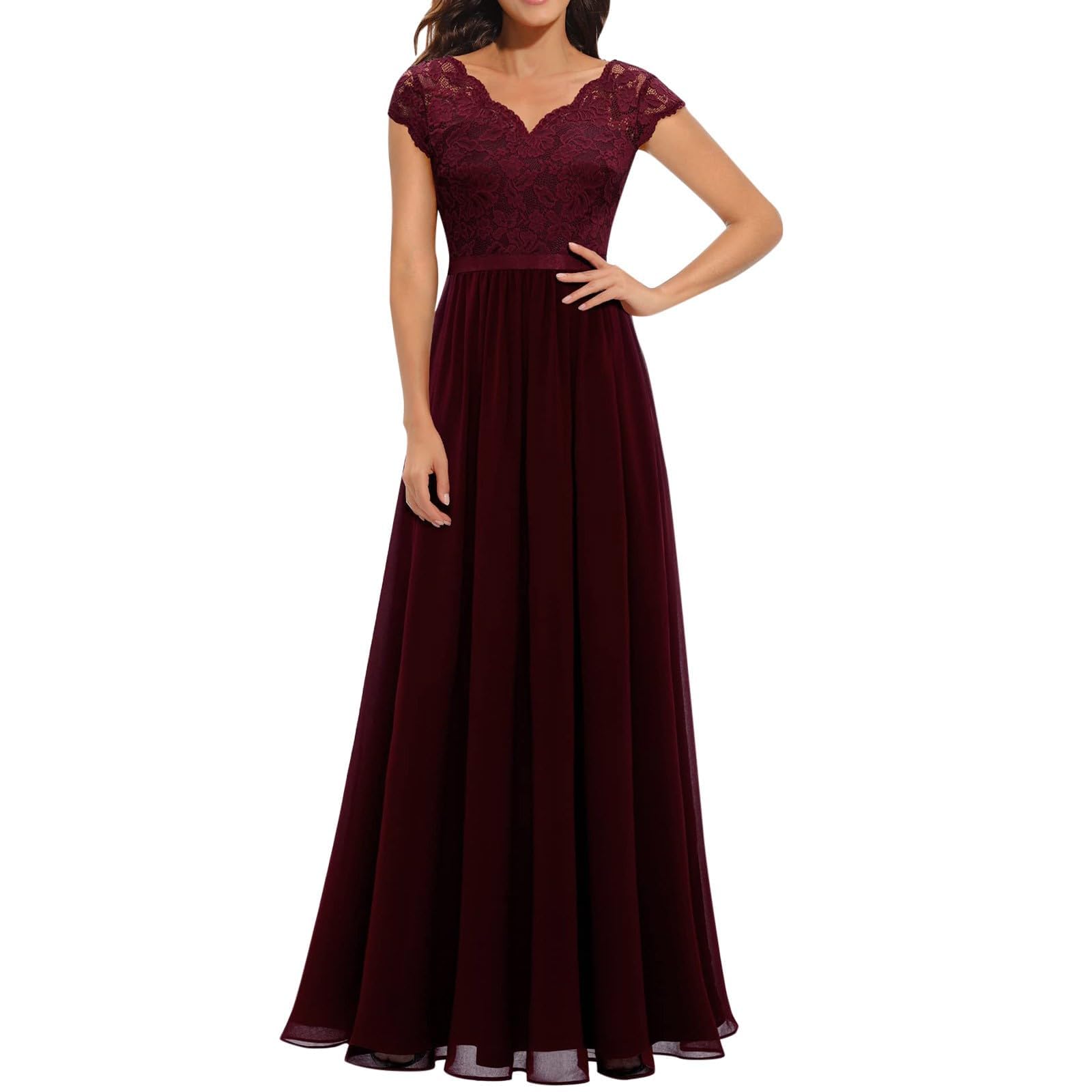 Abendkleid Lang Damen Elegant für Hochzeit v Ausschnitt Kurzarm A Linie Chiffon Festlich Maxi Kleid Ballkleider Mit Spitzen Ärmeln Brautjungfernkleider Cocktailkleid Spitzenkleid