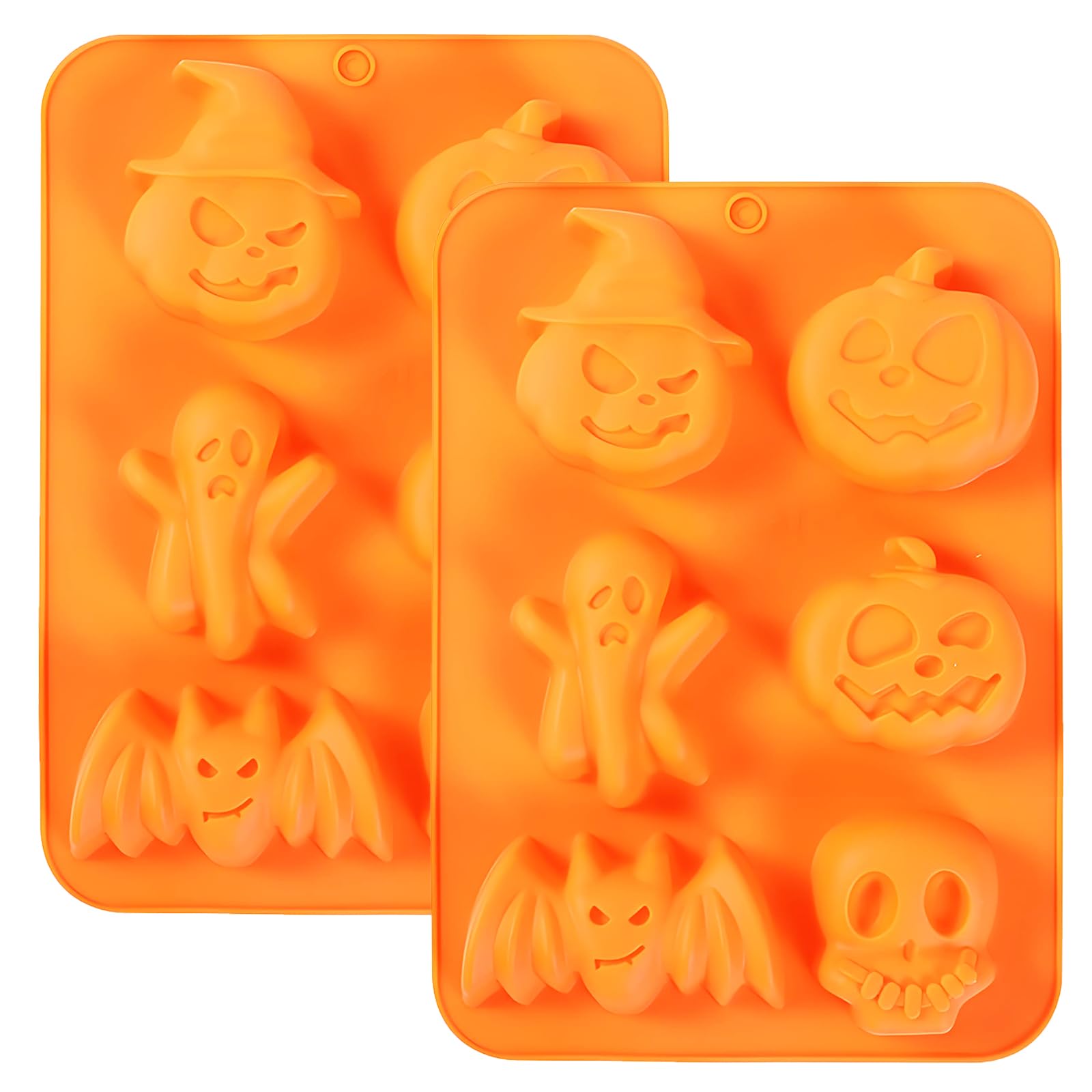 Halloween Silikon-Backform, 6 Motive, 2er-Set, Orange | Kürbis, Geist, Fledermaus, 21,5 x 14,8 cm, Für Schokolade & Seife, Lebensmittelecht, Antihaft-Oberfläche