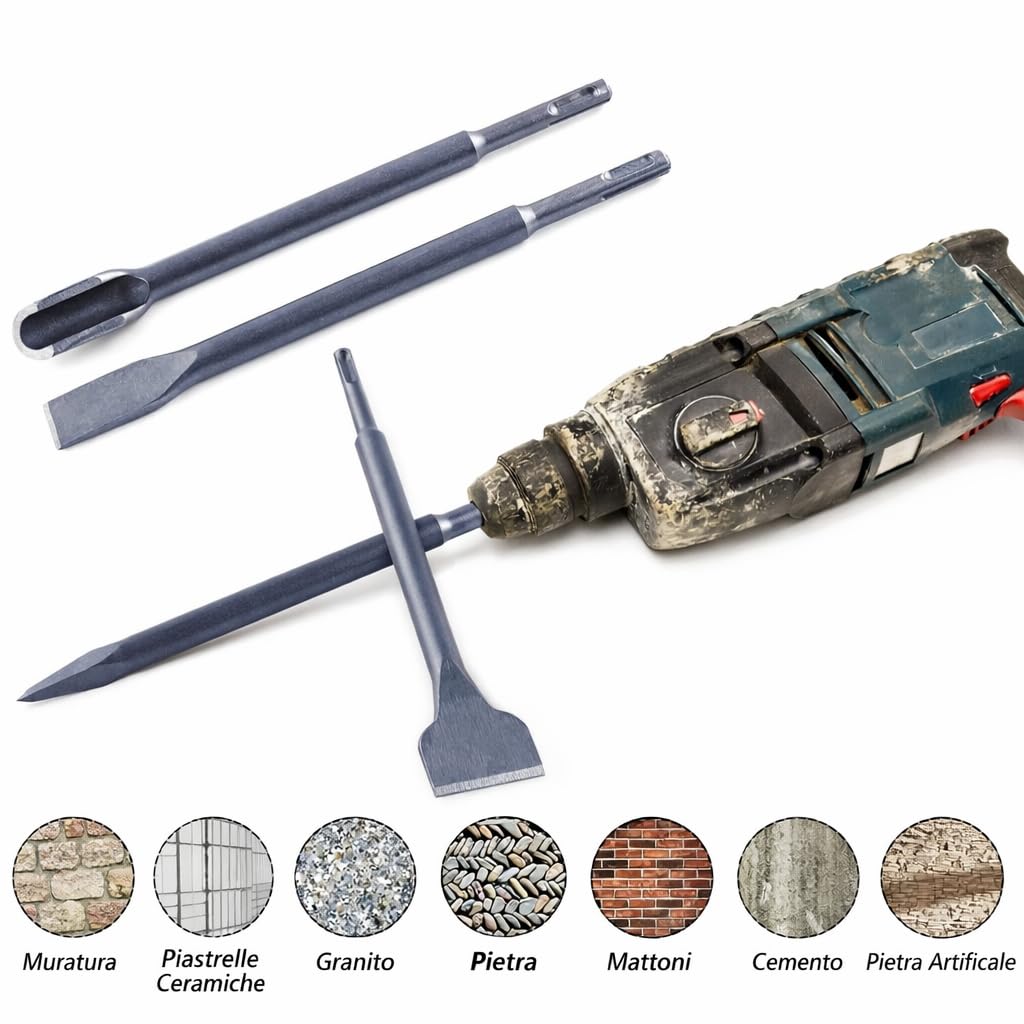 Topolenashop Set Da 4 punte da trapano SDS-Plus, punte per trapano con mezzi punta e punta piatta per mattoni, cemento, pietra, calcestruzzo e muratura, accessori per martello perforatore VHT02652