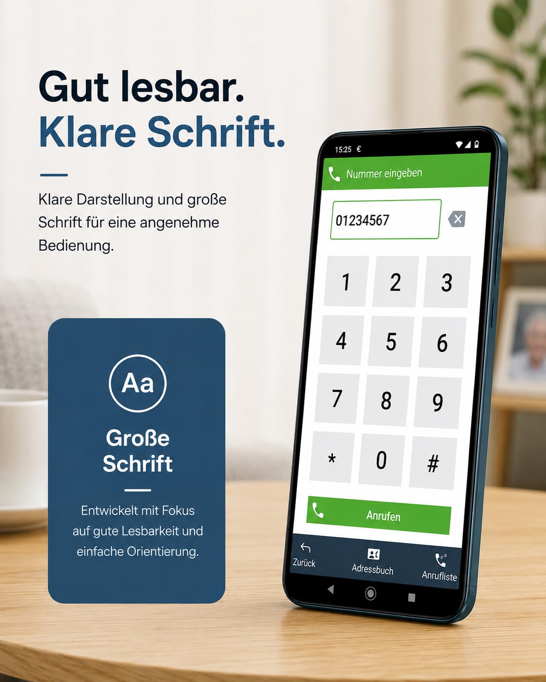 Senior - Smartphone Handy für Senioren – Einfache Bedienung, Große Tasten, Notruf mit GPS, Kamera, Lupe, Hörgeräte-Kompatibel