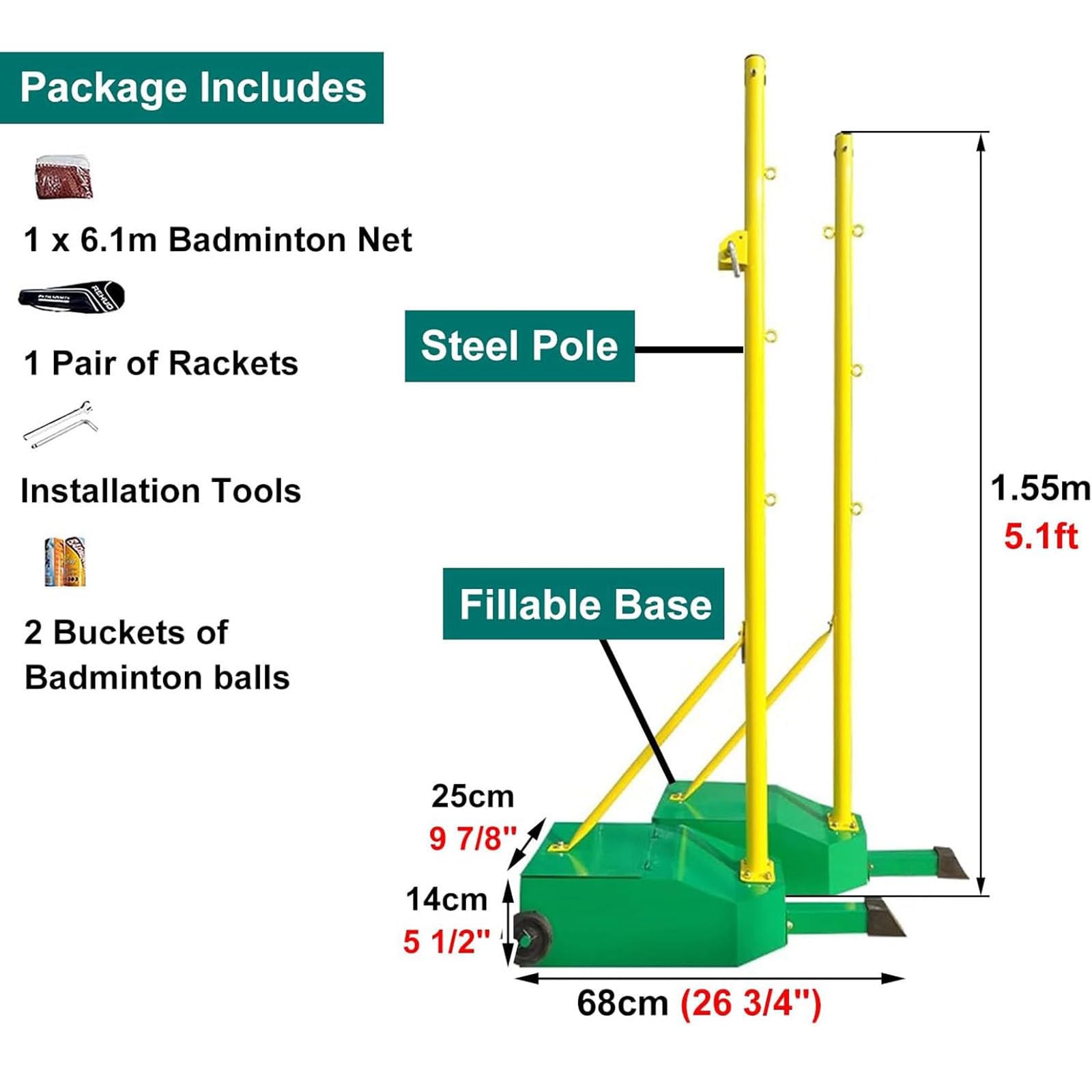Pali da pallavolo/badminton, supporto per rete da badminton Telaio per rete da badminton mobile con ruote e base stabile per uso interno ed esterno