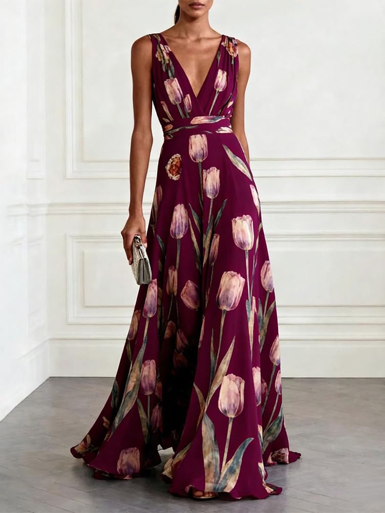Onsoyours Donna Abito da Sera Casual Elegante Senza Maniche Scollo A V Lunghi Vestito Stampa A-Linea Cocktail Vestiti Vita Alta Maxi Abiti Cerimonia