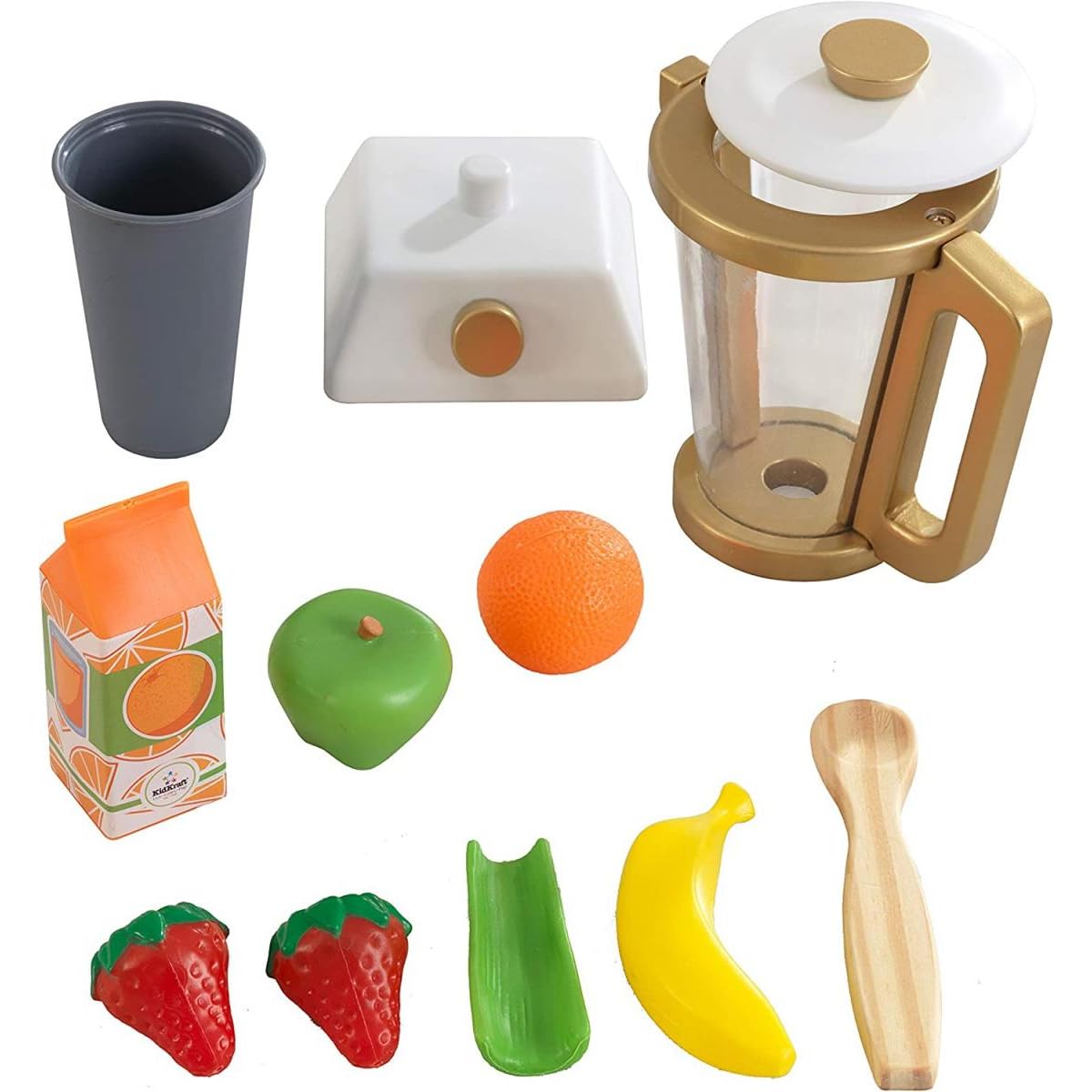 KidKraftMetallic Smoothie Blender with Play Food, Wooden Kitchen Appliance Set for Kids, Play Kitchen Accessories