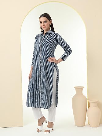 Tissu Women's Indigo Pure Cotton Striped Shirt Style Kurta with Pyjama | indian women kurta set
