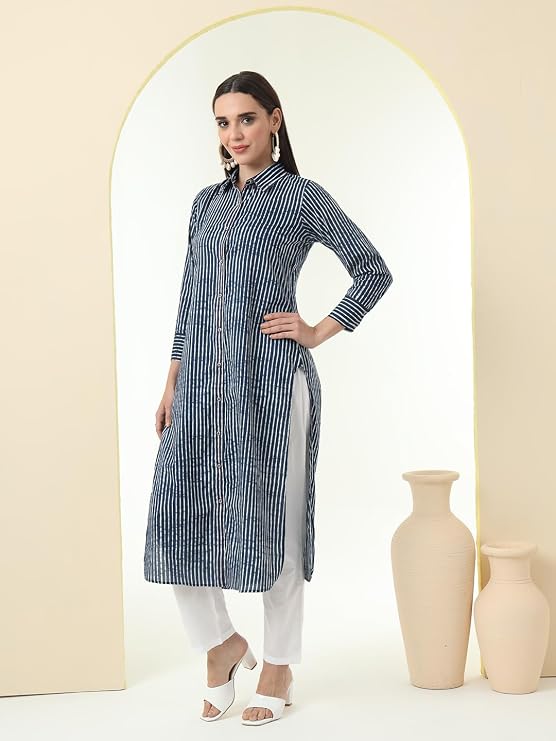 Tissu Women's Indigo Pure Cotton Striped Shirt Style Kurta with Pyjama | indian women kurta set