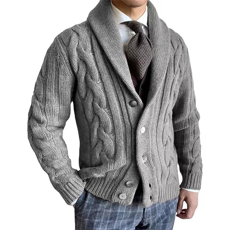 bifanxi Men's Cable Knit Lapel Cardigan Sweater Jacket with Buttons for Autumn and Winter | Dark Gray | M-picture-28