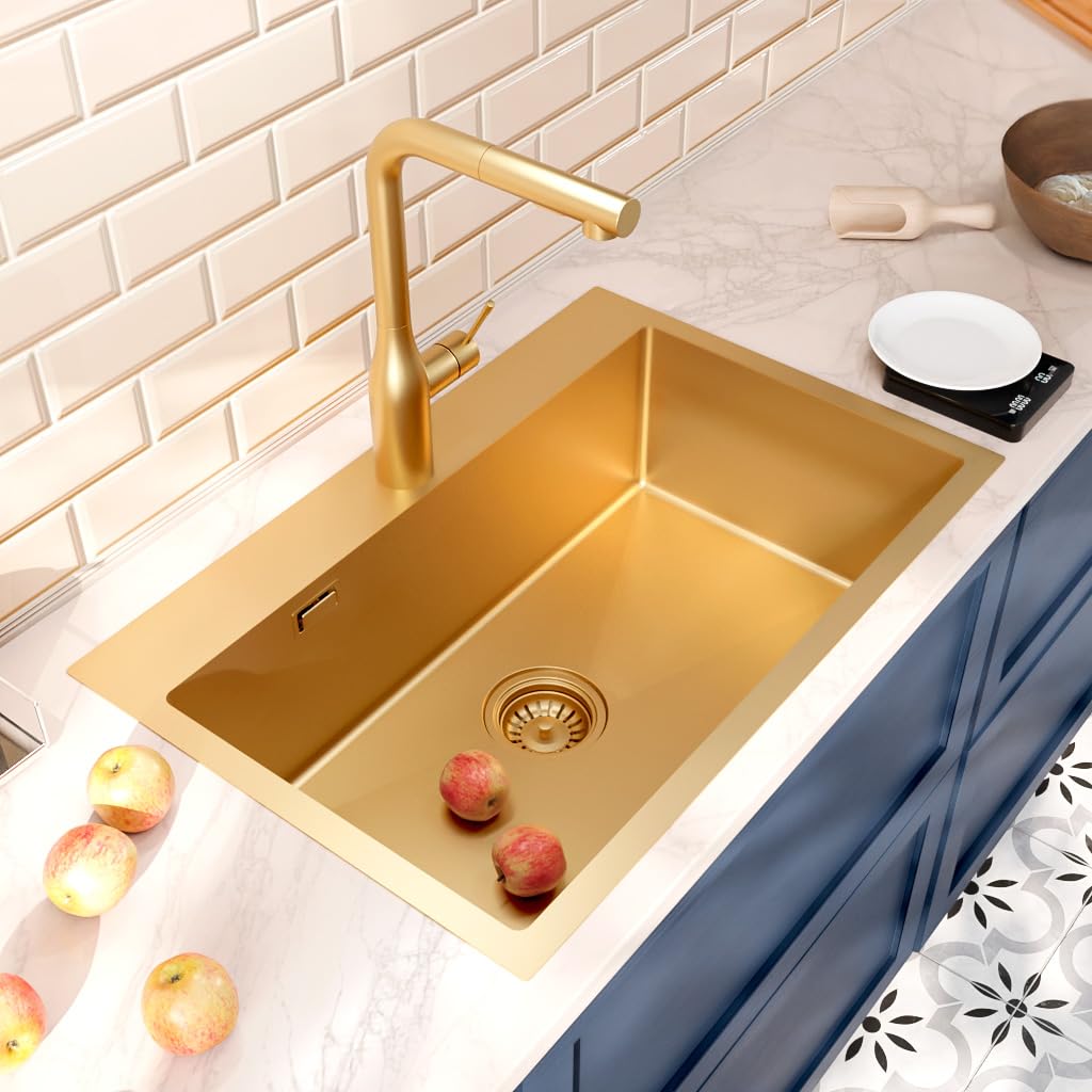 Timeless - Fregadero de Cocina Bajo Encimera 68x45 cm | Acero Inoxidable 304 | Acabado PVD Dorado Cepillado | 1 Cubeta | Fácil Instalación