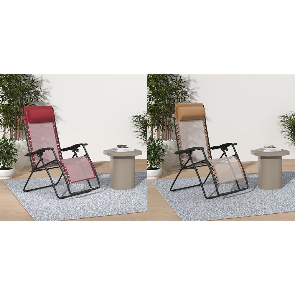 amazon basics Outdoor Pro | Zero Gravity Chair (Red, Adults) + Zero Gravity Chair (Beige, Adults) | Textilene Fabric | 120kg Capacity | Alloy Frame | EN Tested