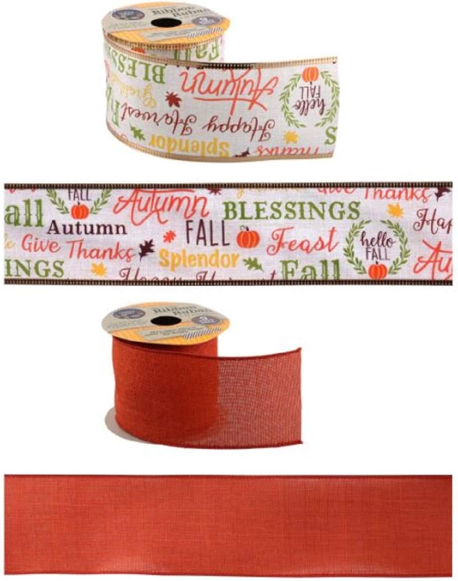 Autumn Fall Harvest Wire-Edge Fabric Ribbon, 14-roll Set (Total 42 Yards)