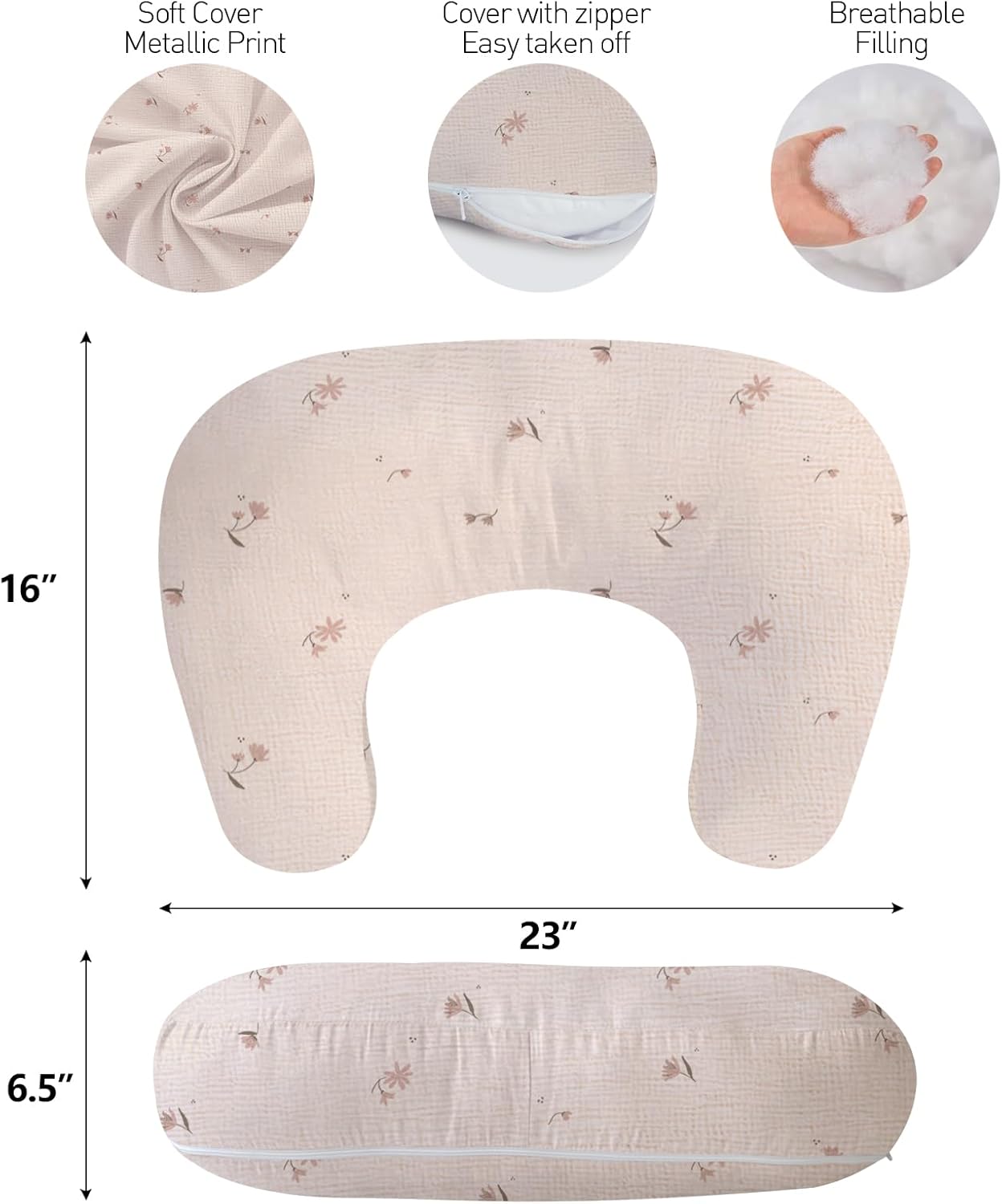 Little Grape Land Muslin Nursing Pillow, Soft 100% Cotton Breastfeeding Pillow with Breathable Cotton Removable Cover, Fog Flower Breast Feeding Pillows for Babies 0-12 Months with Protective Zipper